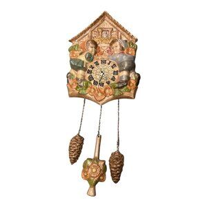 Vintage Hand Painted Chalet Style Cuckoo Wall Clock Children Pinecone Weights Ru